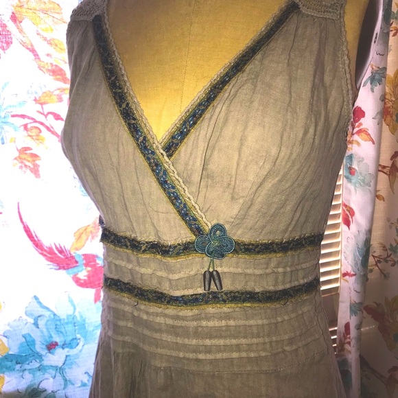 Fabulous embellished linen dress/antique Chinese embroidery trim, One of a kind - Picture 1 of 13